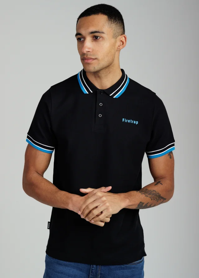 Firetrap Black Regular Fit Cotton Button Polo Shirt With Contrast Trim