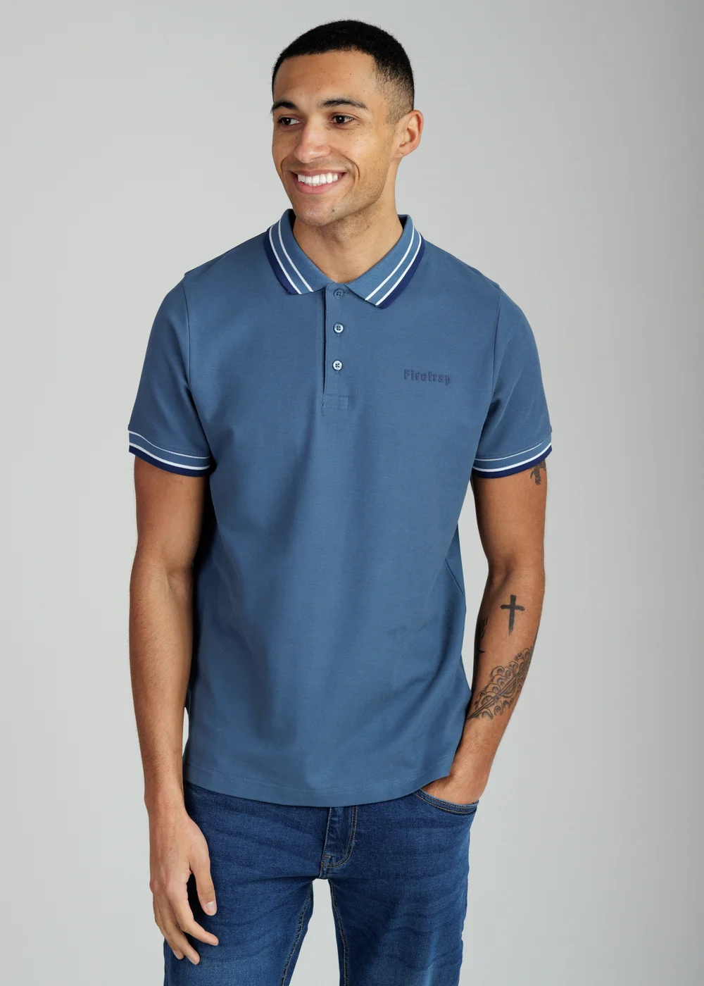 Firetrap Light Blue Regular Fit Cotton Button Polo Shirt With Contrast Trim - S Image 1