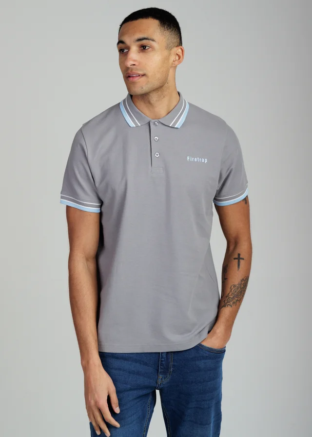 Firetrap Dark Grey Regular Fit Cotton Button Polo Shirt With Contrast Trim
