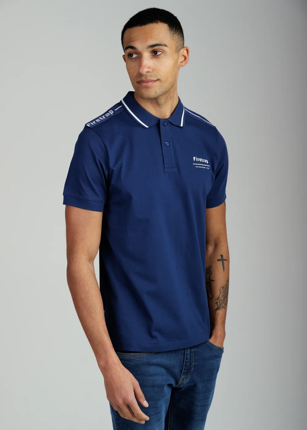 Firetrap Dark Blue Regular Fit Cotton Jersey Polo With Taping - S Image 1