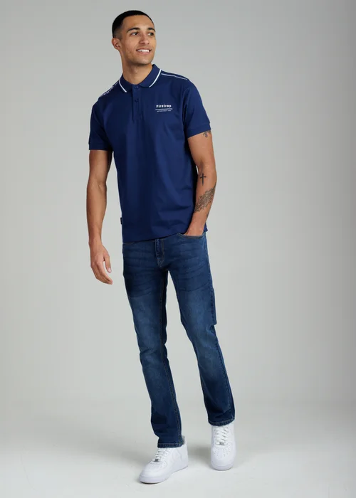 Firetrap Dark Blue Regular Fit Cotton Jersey Polo With Taping - S Image 4