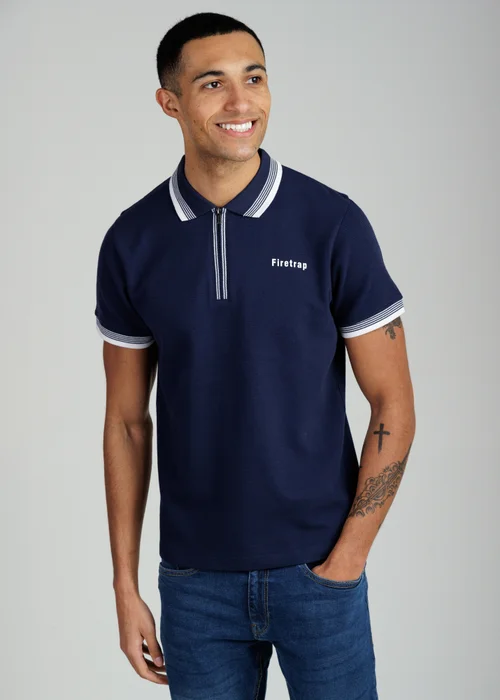 Firetrap Navy Regular Fit Cotton Ottoman Zip Polo - S Image 1
