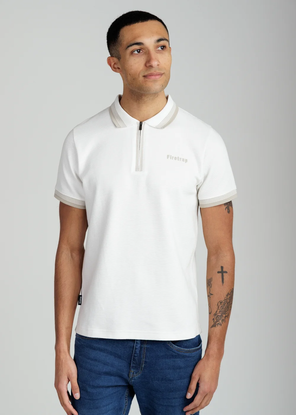 Firetrap Ecru Regular Fit Cotton Ottoman Zip Polo - S Image 1