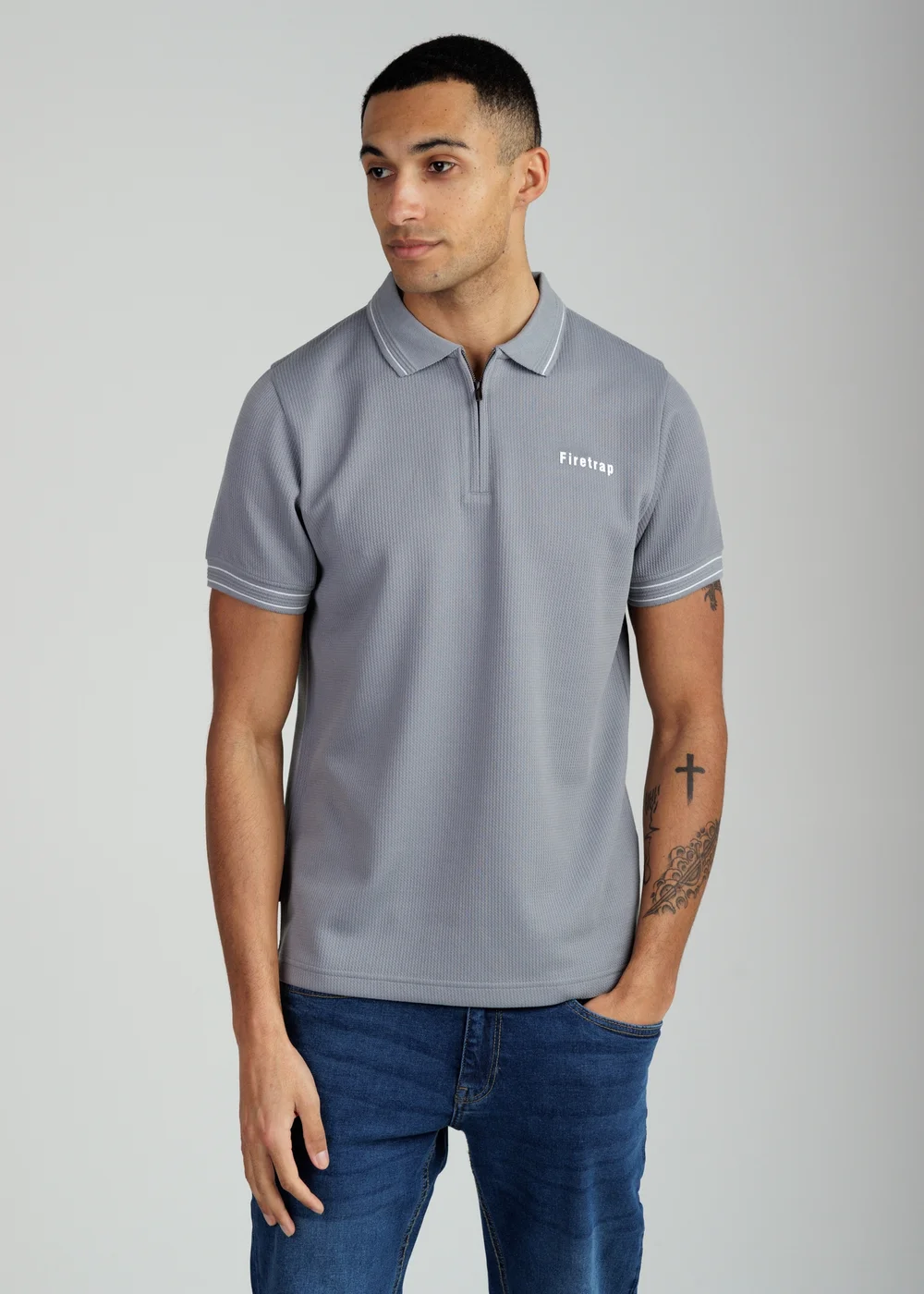 Firetrap Dark Grey Regular Fit Textured Zip Up Polo Shirt - S Image 1