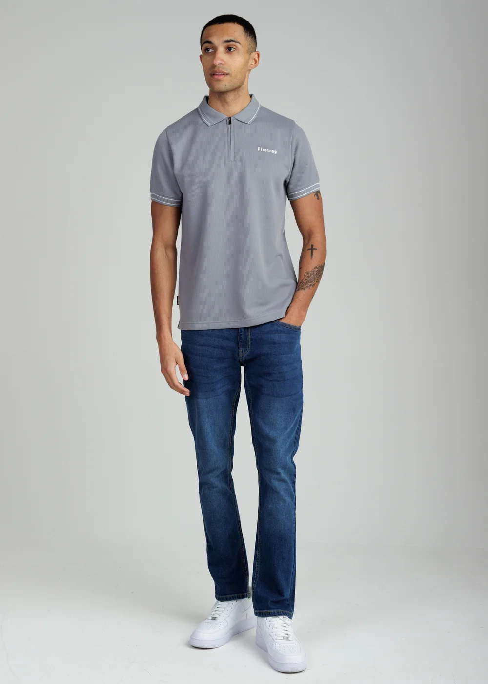 Firetrap Dark Grey Regular Fit Textured Zip Up Polo Shirt - S Image 4