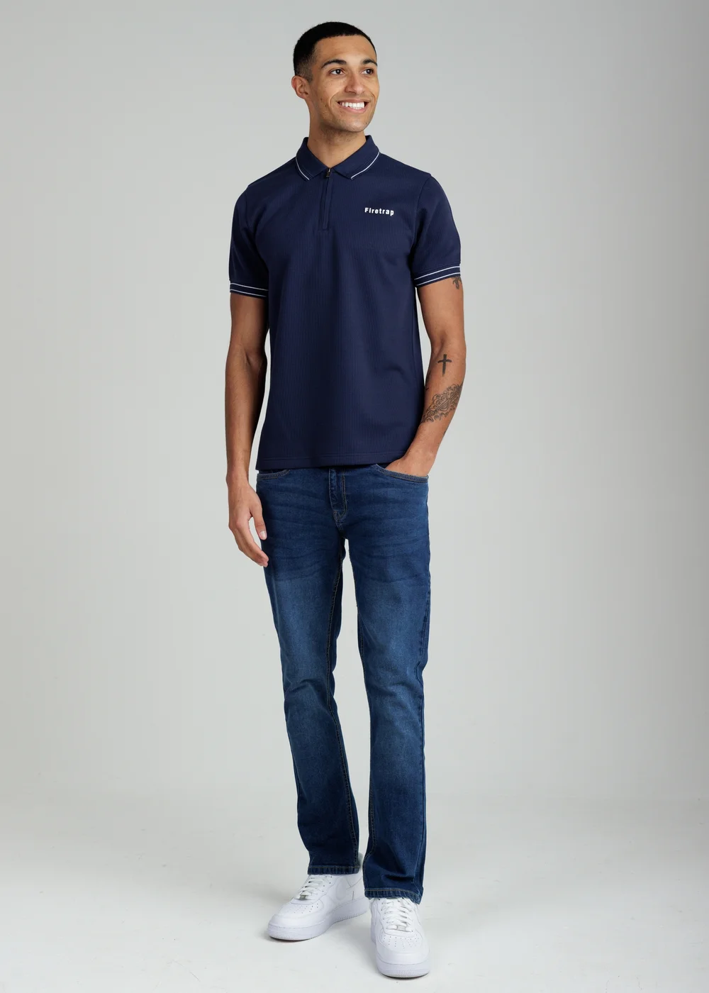 Firetrap Navy Regular Fit Textured Zip Up Polo Shirt - S Image 4
