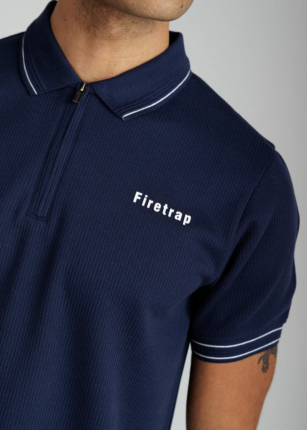 Firetrap Navy Regular Fit Textured Zip Up Polo Shirt - S Image 3