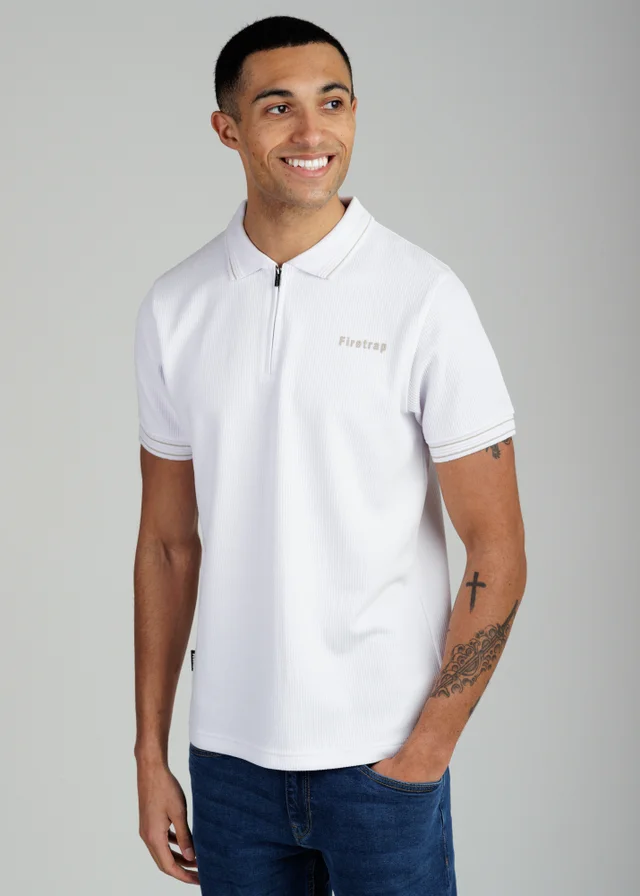 Firetrap White Regular Fit Textured Zip Up Polo Shirt