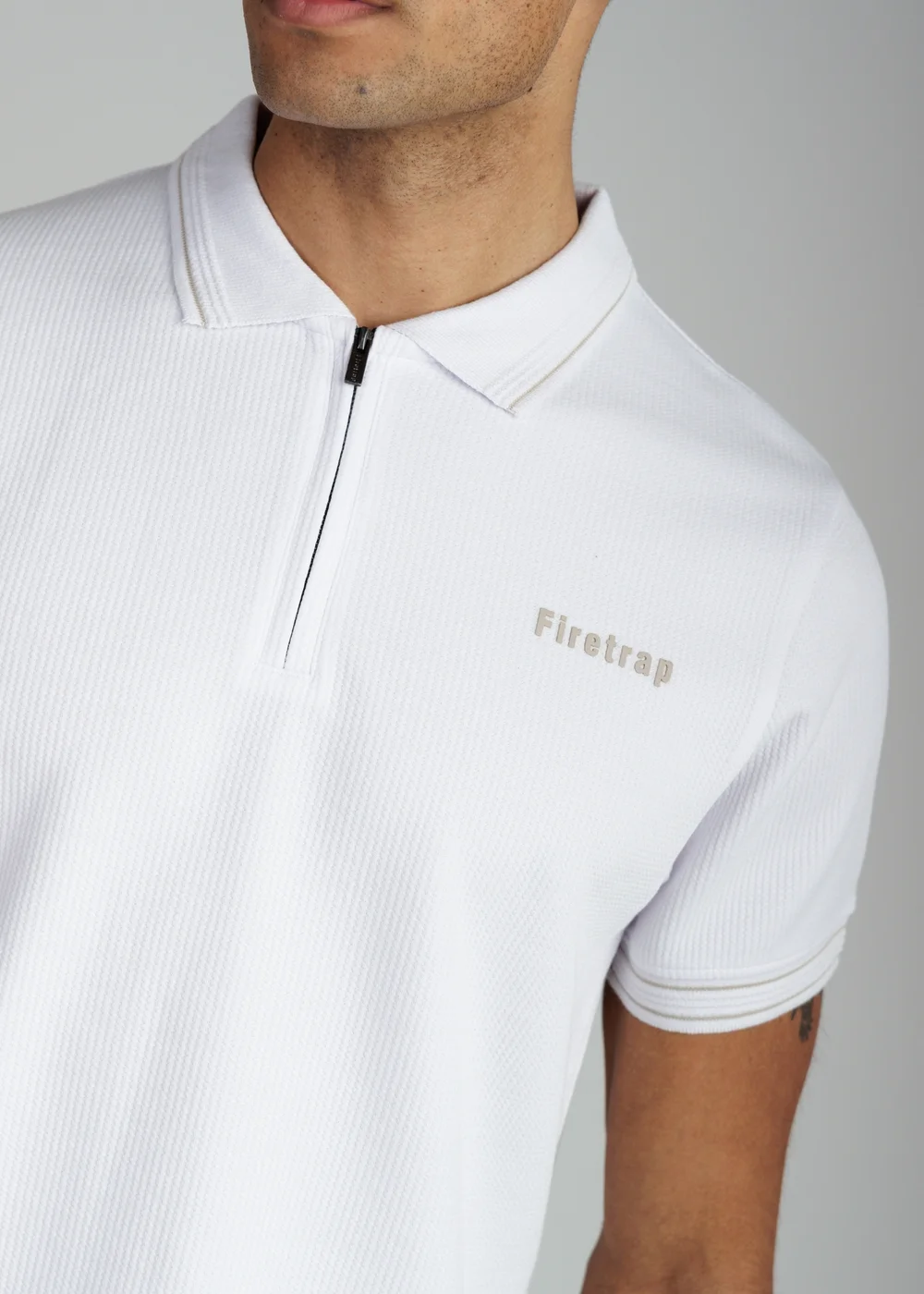 Firetrap White Regular Fit Textured Zip Up Polo Shirt - S Image 3
