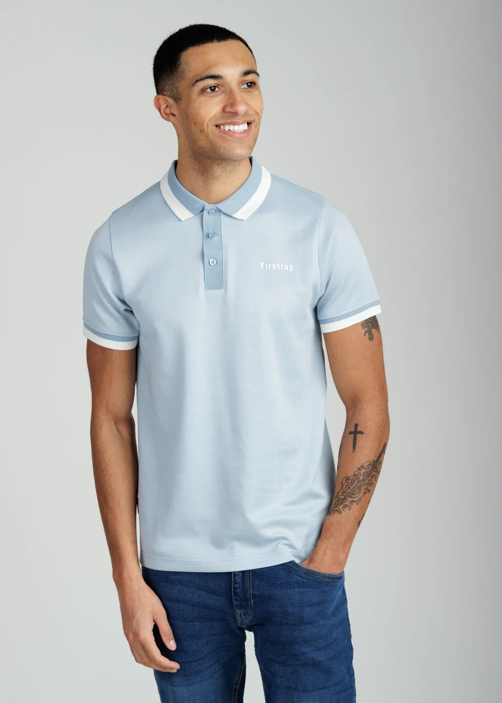 Firetrap Light Blue Regular Fit Cotton Rich Jacquard Polo - L Image 1