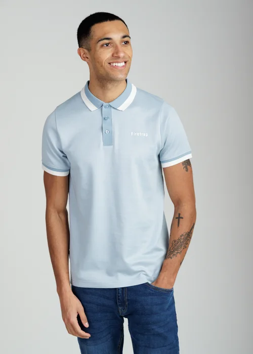 Firetrap Light Blue Regular Fit Cotton Rich Jacquard Polo - L Image 1