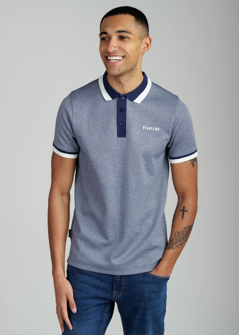Firetrap Navy Regular Fit Cotton Rich Jacquard Polo - S Image 1