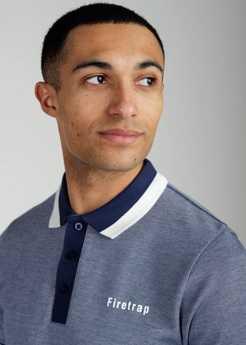 Firetrap Navy Regular Fit Cotton Rich Jacquard Polo - S Image 3