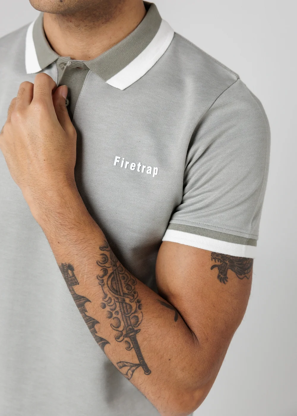 Firetrap Khaki Regular Fit Cotton Rich Jacquard Polo - S Image 3