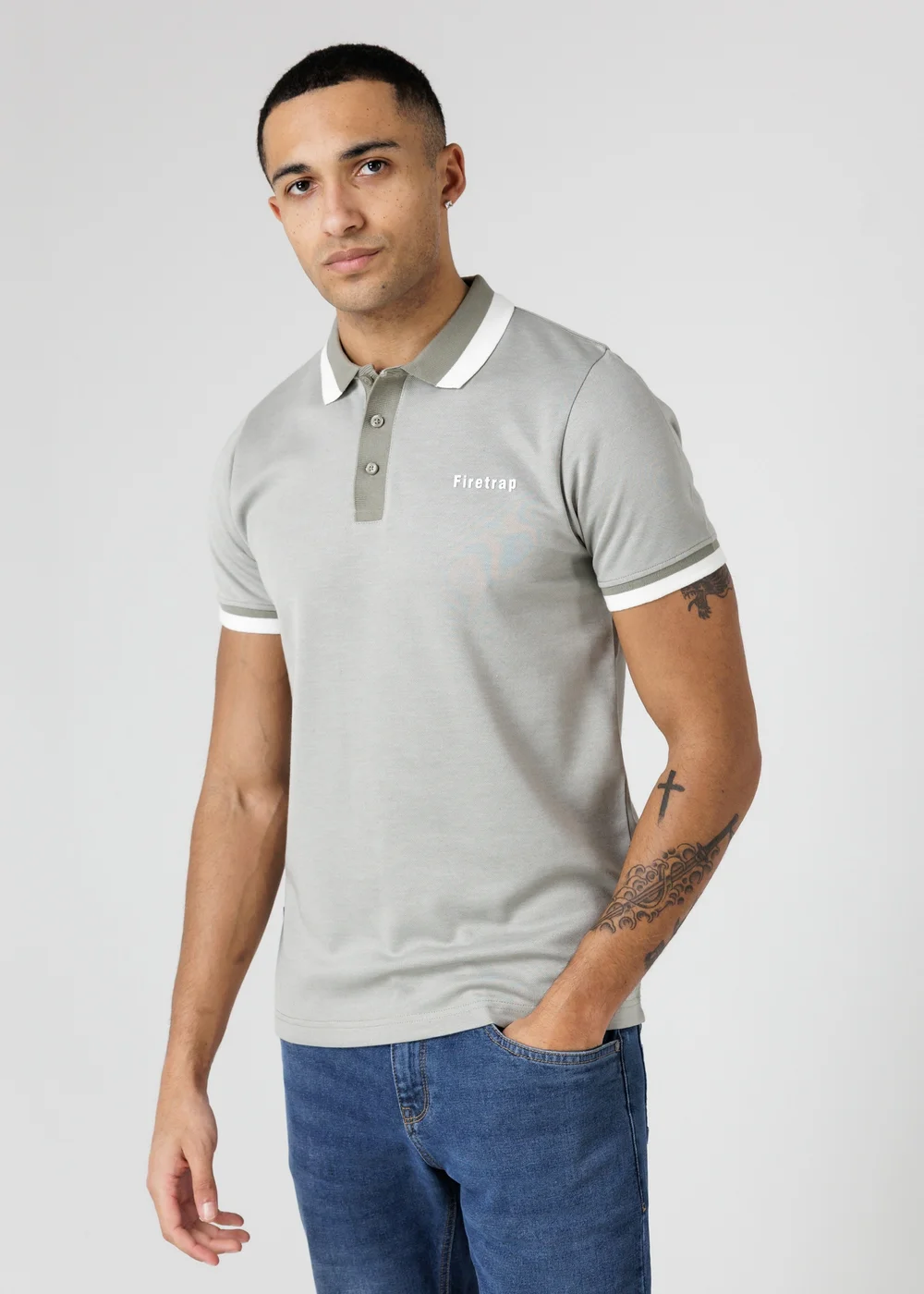 Firetrap Khaki Regular Fit Cotton Rich Jacquard Polo - S Image 1