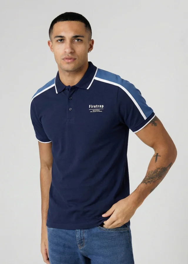 Firetrap Dark Blue Regular Fit Cotton Jersey Button Polo