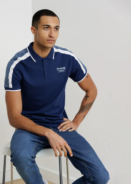 Firetrap Dark Blue Regular Fit Cotton Jersey Button Polo - S Image 1