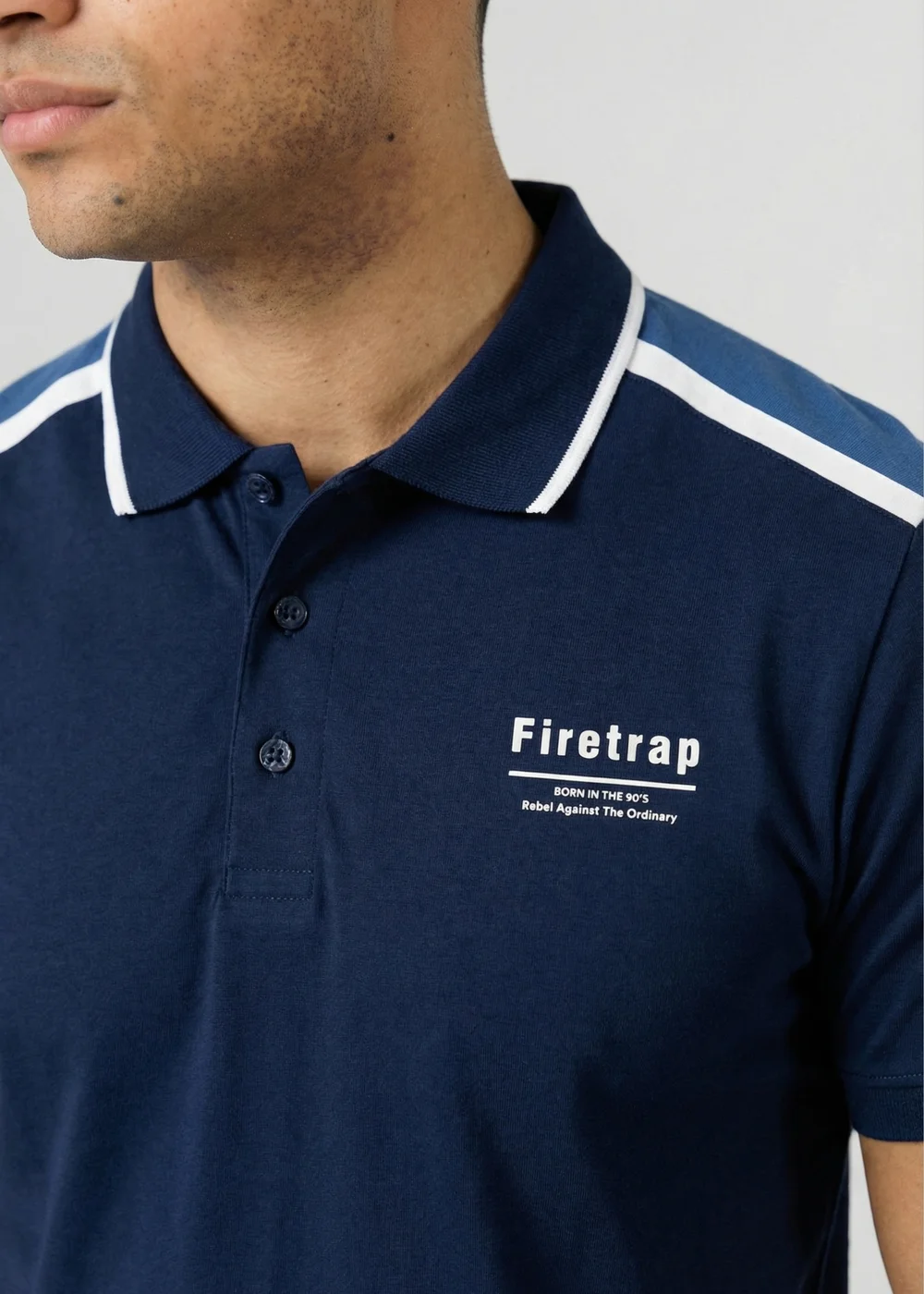 Firetrap Dark Blue Regular Fit Cotton Jersey Button Polo - S Image 3