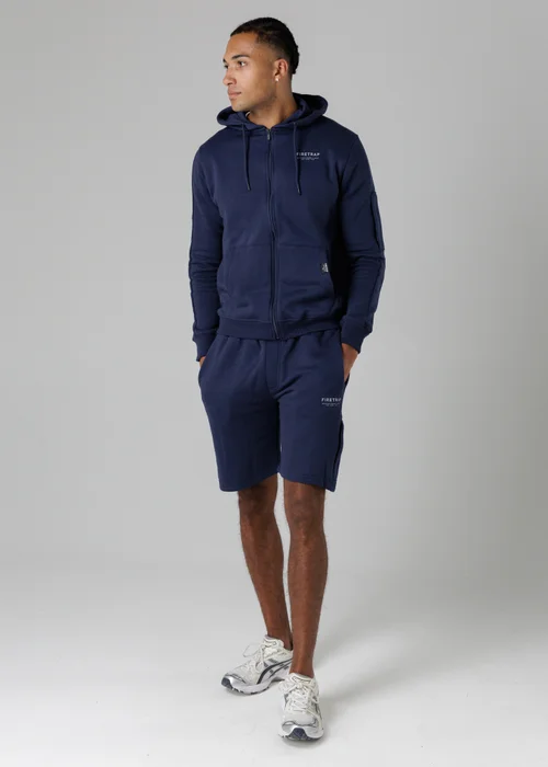 Firetrap Dark Blue Regular Fit Cotton Blend Fleece Shorts With Drawstring Waist - S Image 4