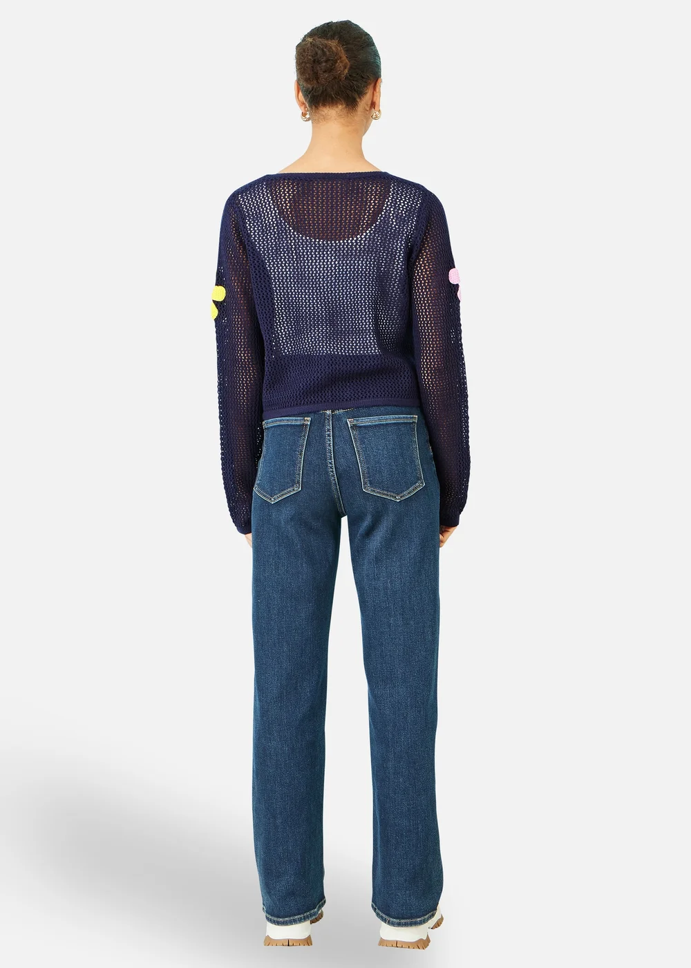 Yumi Navy Tie Front Cardigan With Flower Design - M Image 2