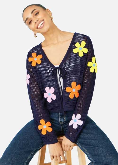 Yumi Navy Tie Front Cardigan With Flower Design - M Image 1