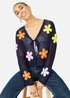 Yumi Navy Tie Front Cardigan With Flower Design - M Image 1