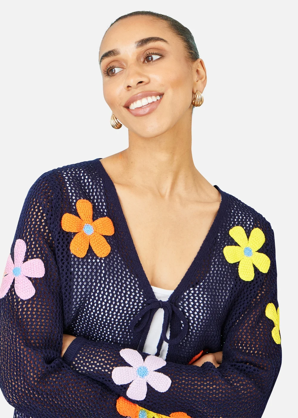 Yumi Navy Tie Front Cardigan With Flower Design - M Image 3