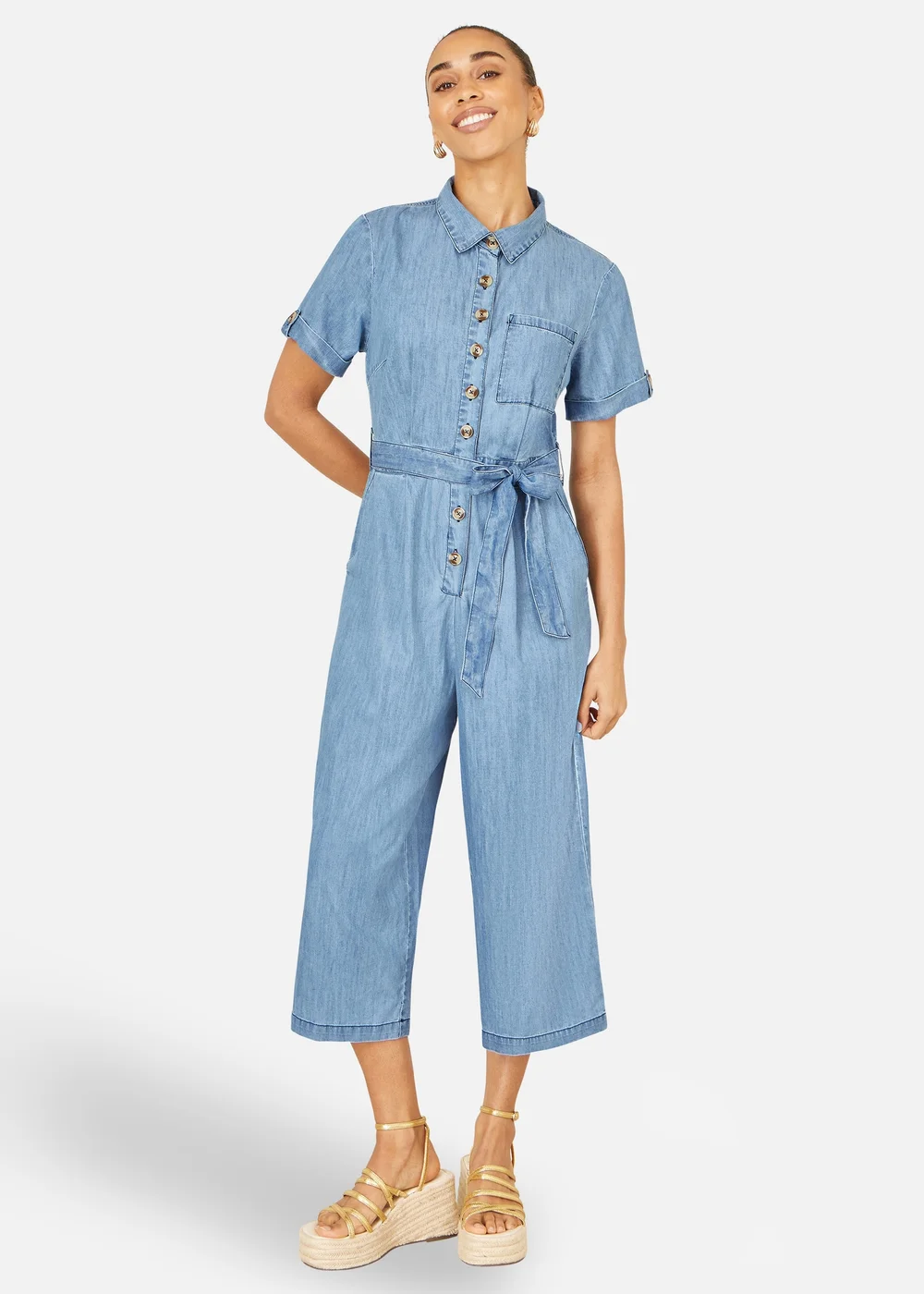 Yumi Blue Chambray Light Denim Button Jumpsuit - 18 Image 1