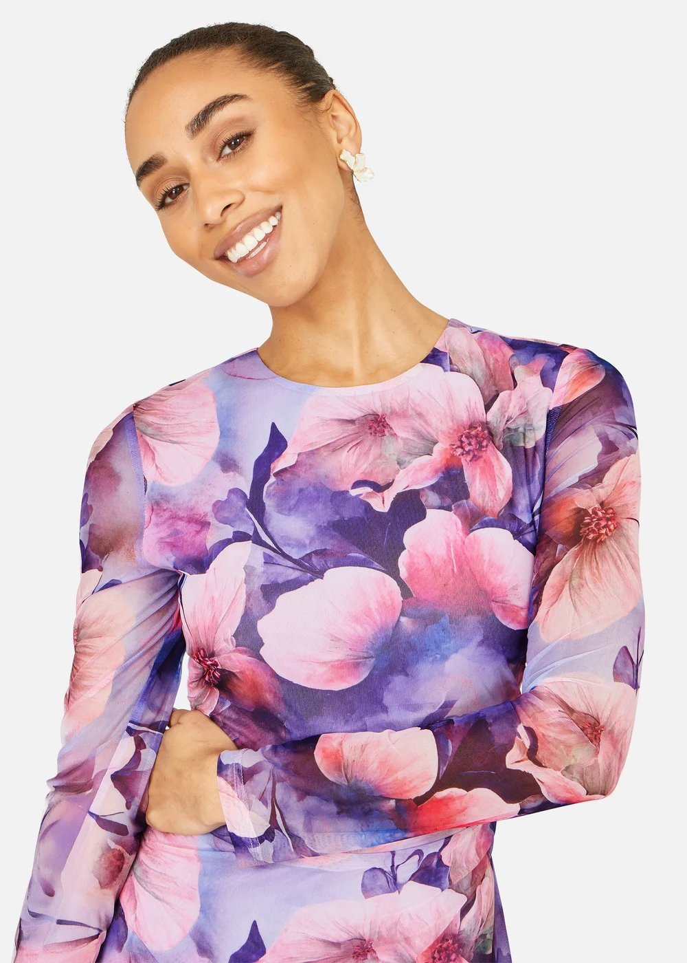 Yumi Purple Floral Mesh Midi Dress With Tie Back - 8 Image 2