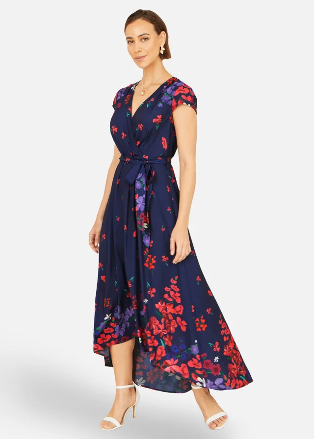 Yumi Navy Floral Mirror Wrap Dress With Dip Hem