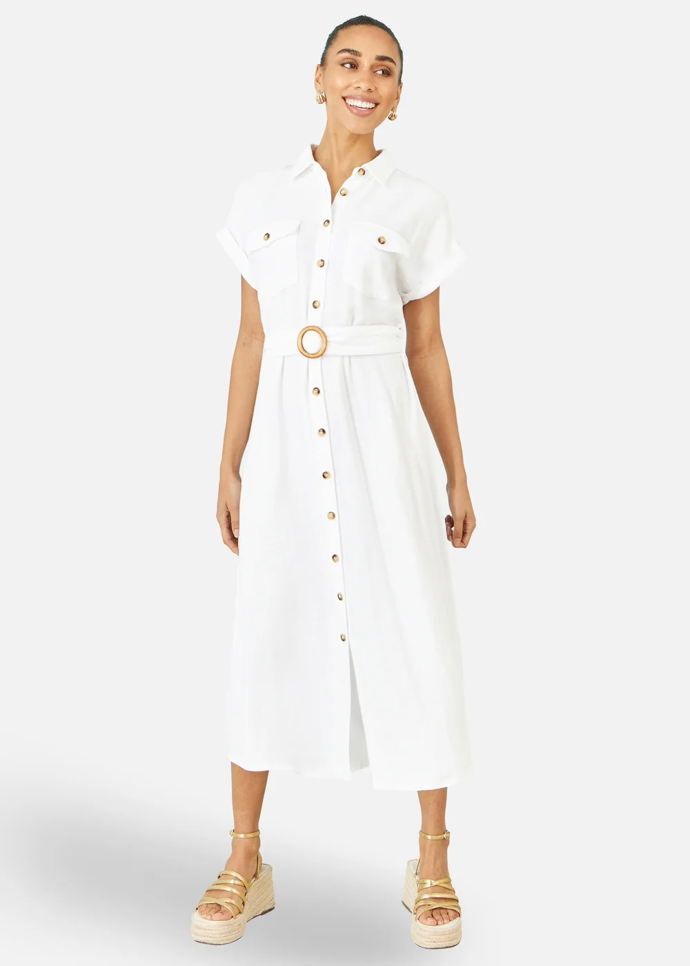 Yumi White Viscose Linen Look Midi Shirt Dress With Wooden Belt - 14 Image 1