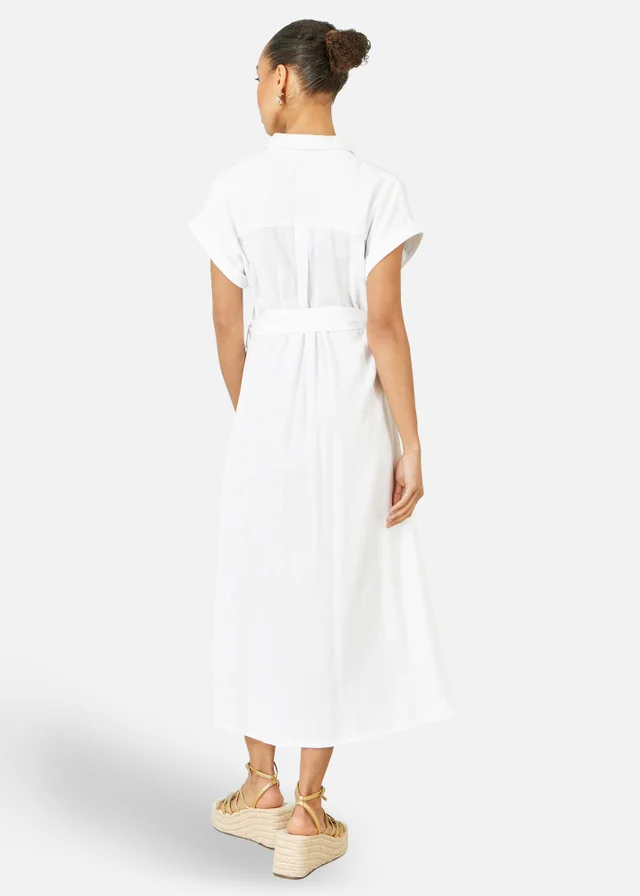 Yumi White Viscose Linen Look Midi Shirt Dress With Wooden Belt