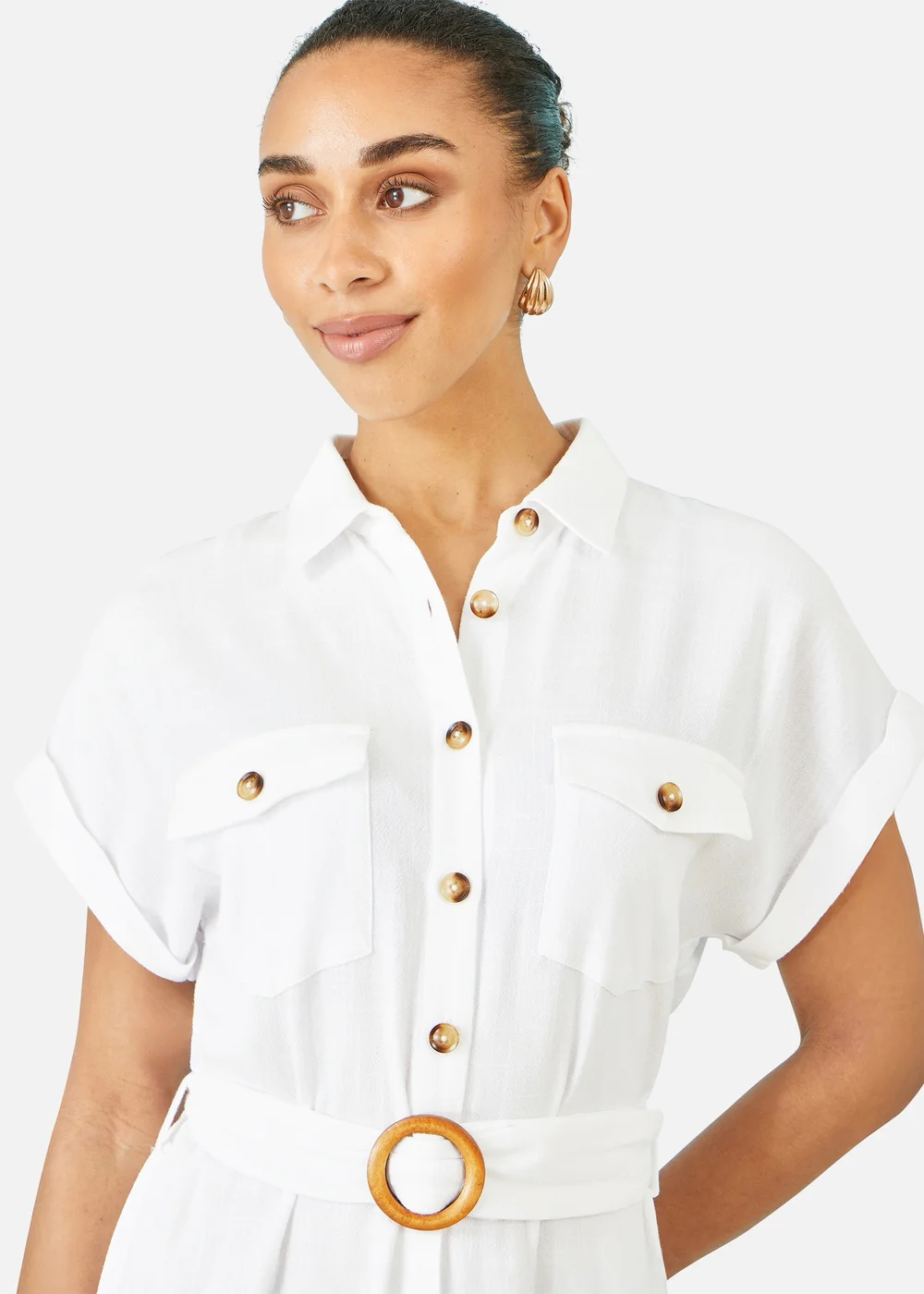 Yumi White Viscose Linen Look Midi Shirt Dress With Wooden Belt - 14 Image 3