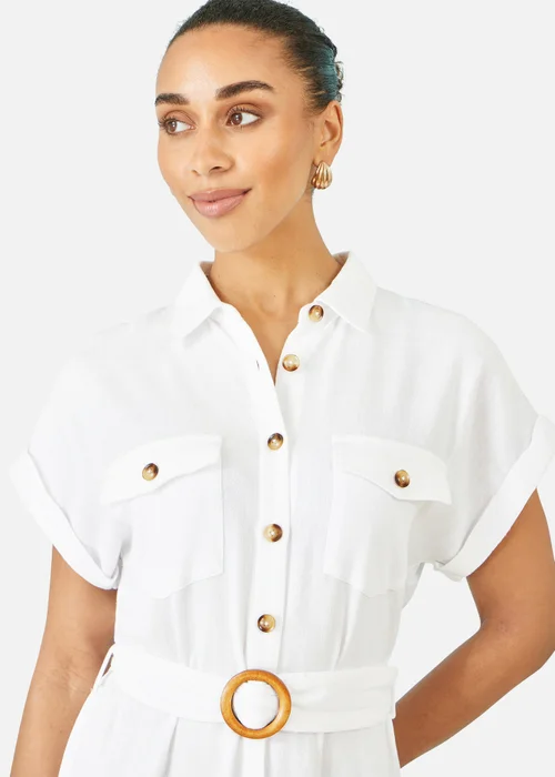 Yumi White Viscose Linen Look Midi Shirt Dress With Wooden Belt - 14 Image 3