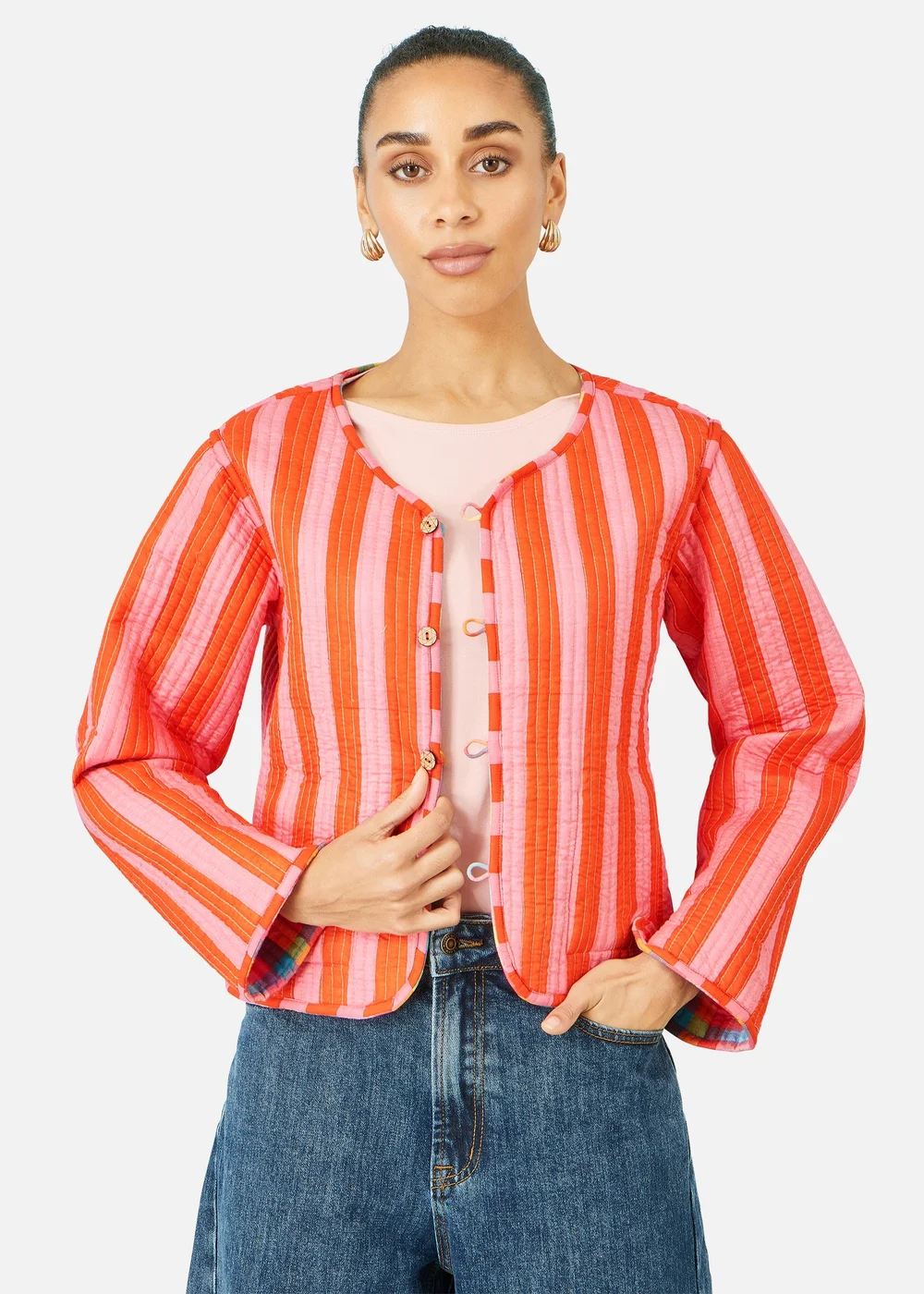 Yumi Multicolour Check Cropped Reversible Cotton Quilted Jacket - 12 Image 3