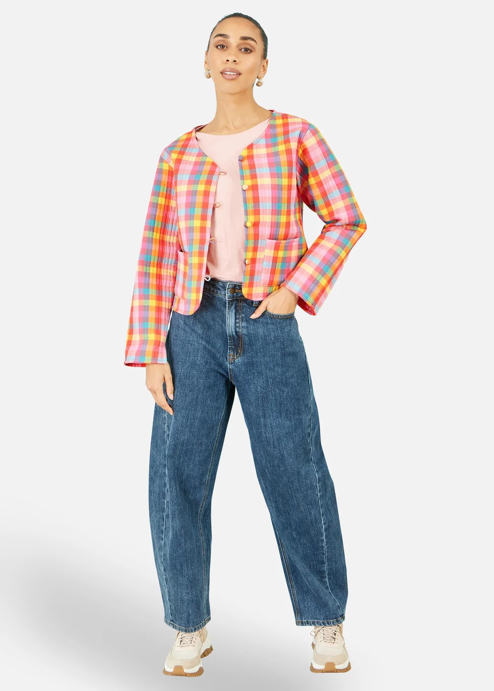 Yumi Multicolour Check Cropped Reversible Cotton Quilted Jacket - 12 Image 2