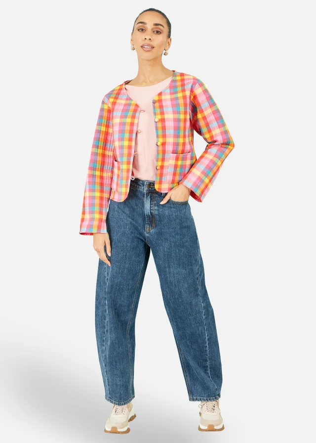 Yumi Multicolour Check Cropped Reversible Cotton Quilted Jacket