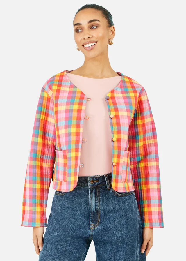 Yumi Multicolour Check Cropped Reversible Cotton Quilted Jacket