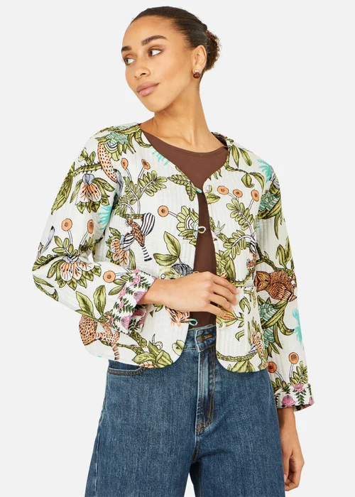 Yumi White Botanical Print Reversible Cotton Quilted Jacket - 14 Image 1