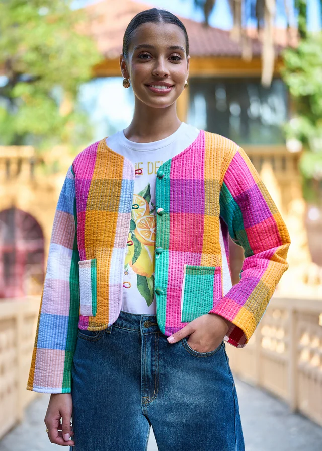 Yumi Multicolour Check Cropped Reversible Cotton Quilted Jacket