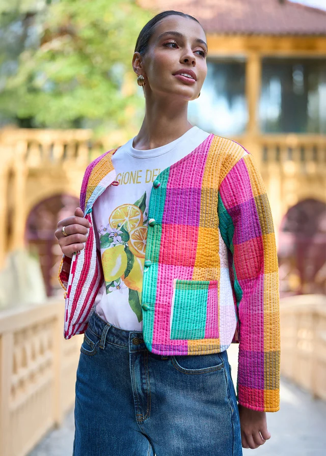 Yumi Multicolour Check Cropped Reversible Cotton Quilted Jacket