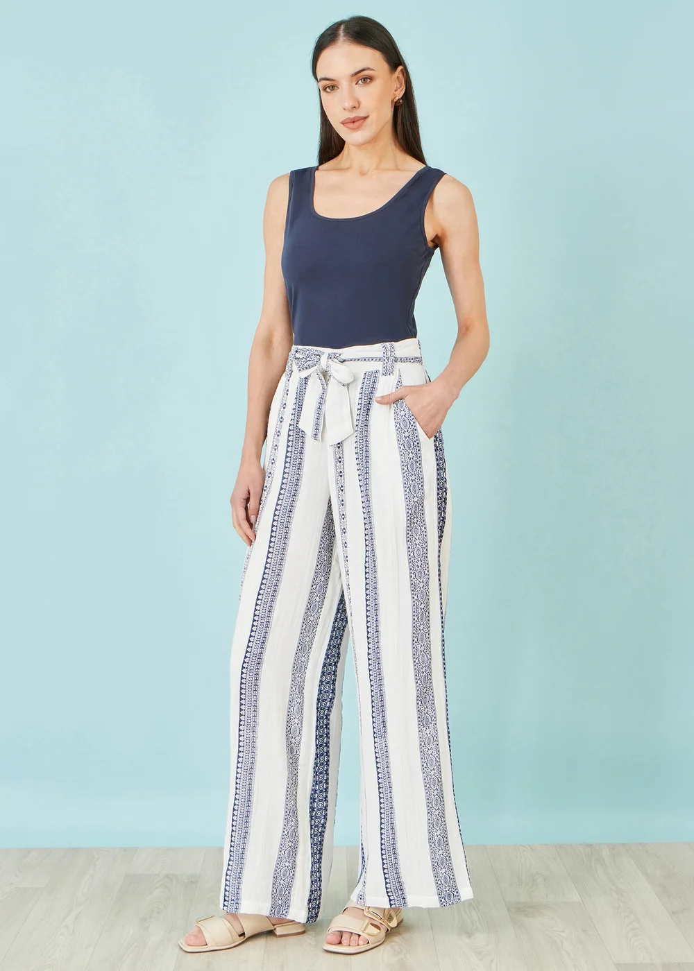 Yumi White Linen Mix Cropped Trousers With Tie Belt - 10 Image 2