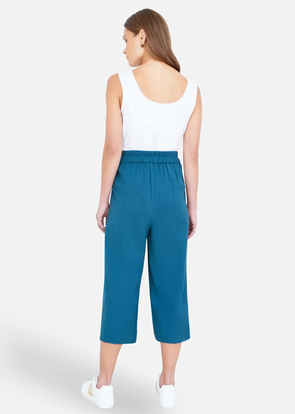 Yumi Teal Linen Mix Cropped Trousers With Tie Belt - 16 Image 2