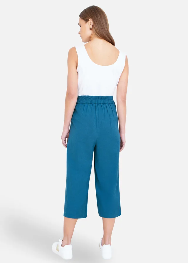 Yumi Teal Linen Mix Cropped Trousers With Tie Belt