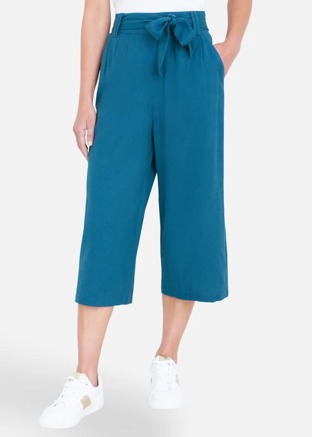Yumi Teal Linen Mix Cropped Trousers With Tie Belt