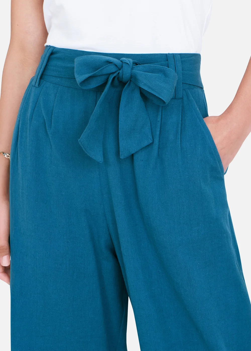 Yumi Teal Linen Mix Cropped Trousers With Tie Belt - 16 Image 3