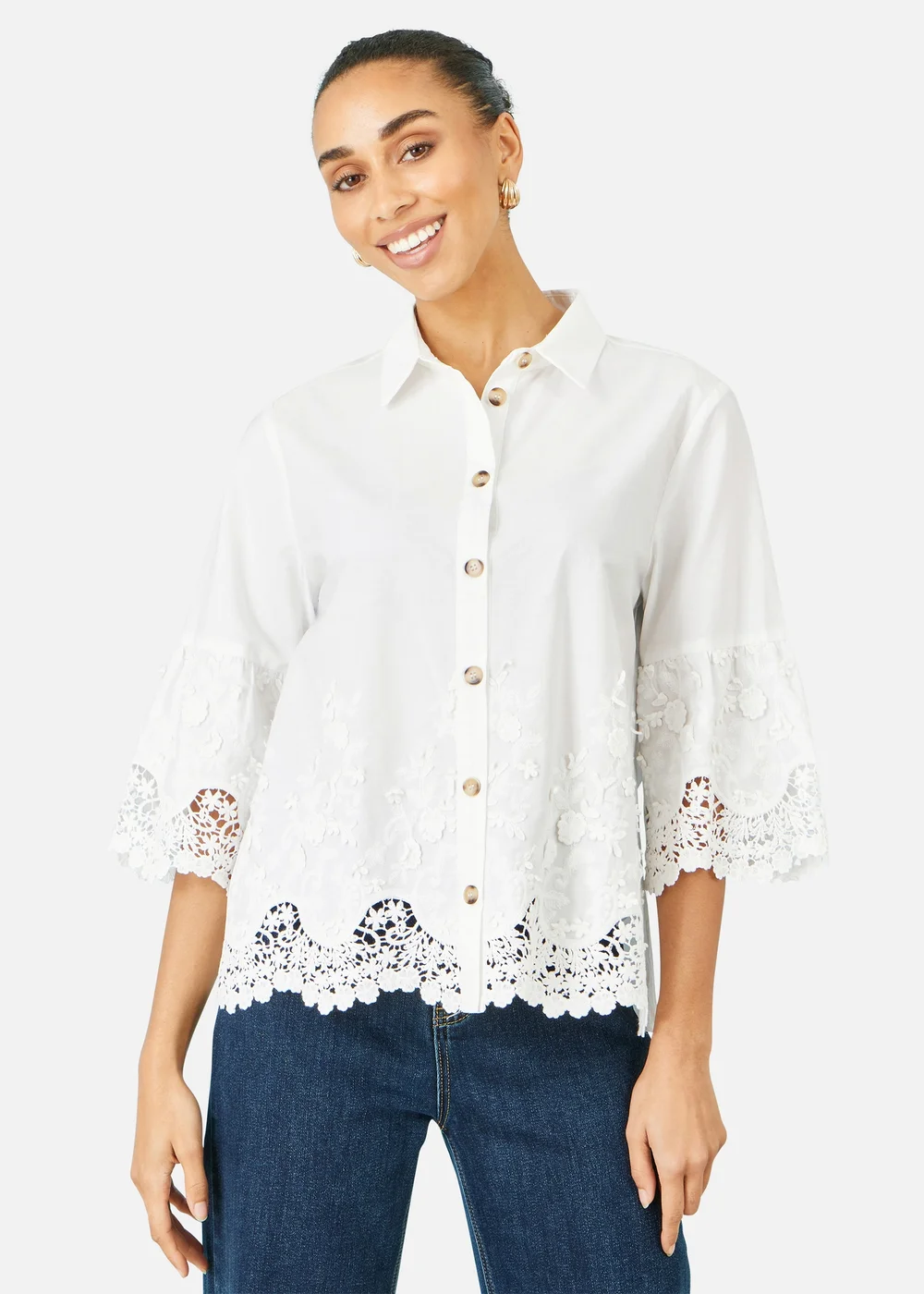 Yumi White Cotton Lace Border Shirt - 10 Image 1