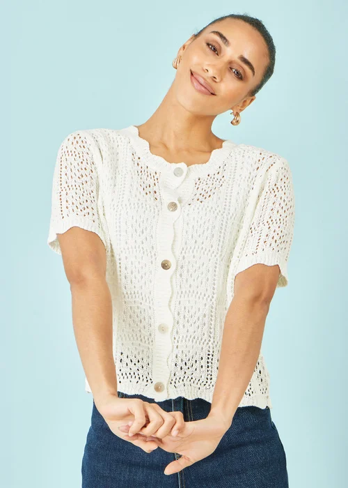 Yumi White Crochet Short Sleeve Cardigan - S Image 1