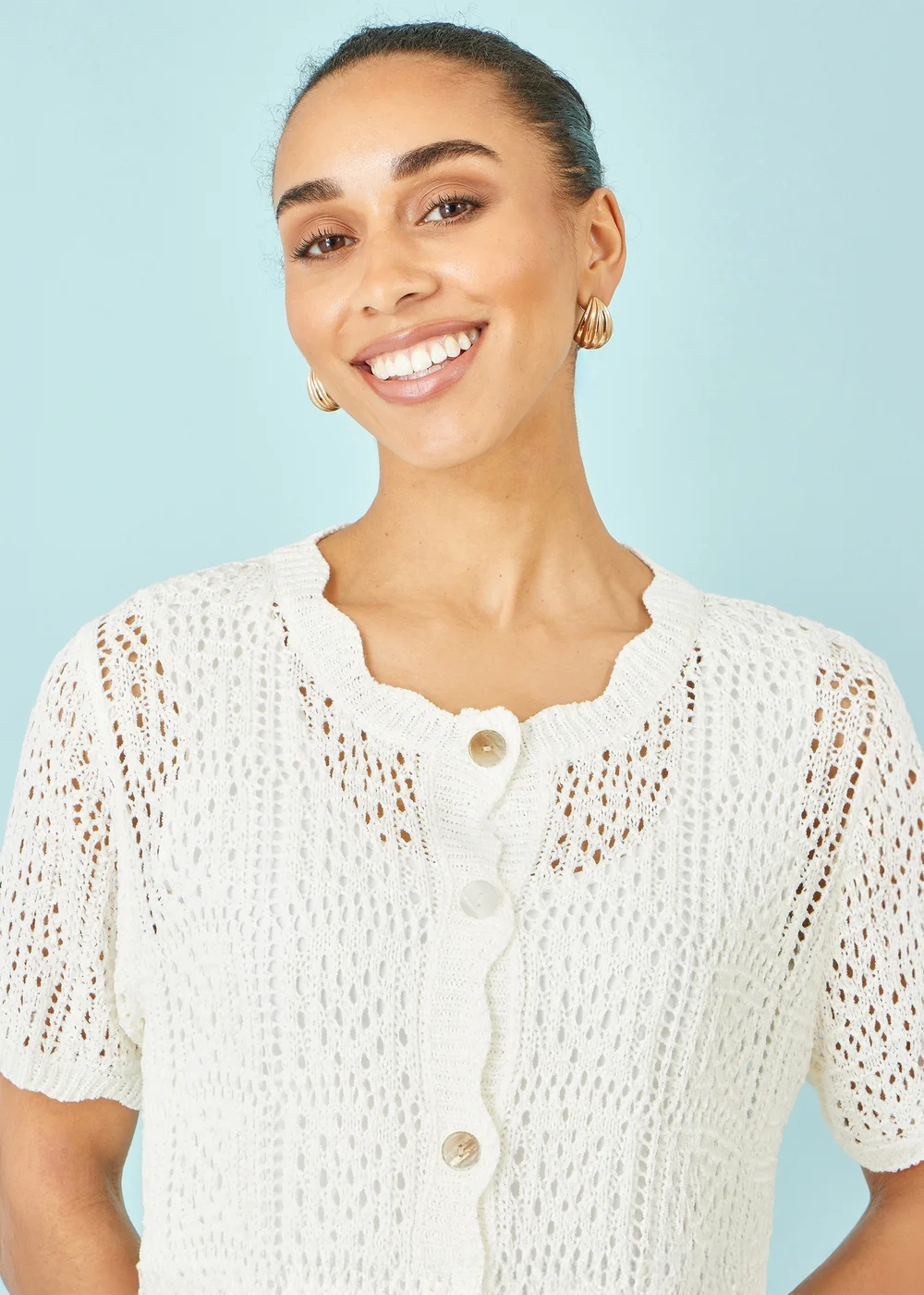 Yumi White Crochet Short Sleeve Cardigan - S Image 3