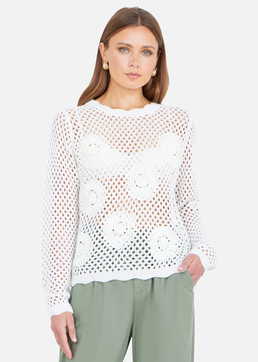 Yumi White Flower Crochet Jumper - M Image 1